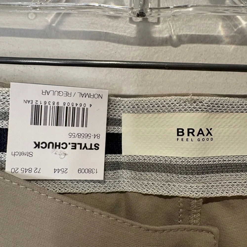 Brax Chuck Pants Mens 36/34 Tan Hi-Flex Jersey Modern Fit 5-Pocket Golf Office
